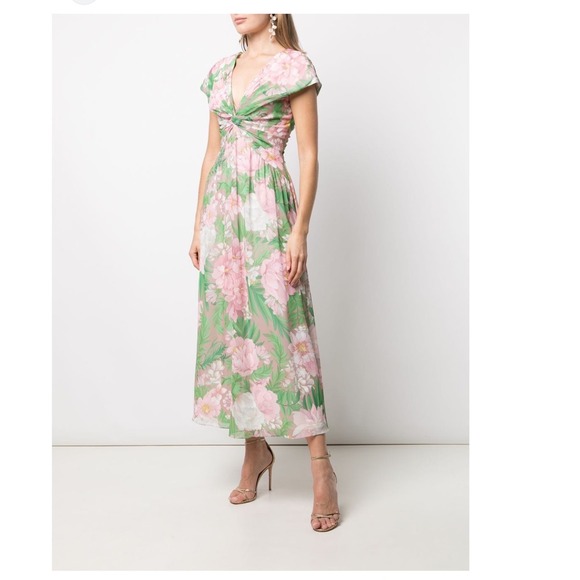 Tadashi Shoji Dresses & Skirts - Tadashi Shoji Floral Print Ruched Twist Front Midi Dress Pink Green Womens 10